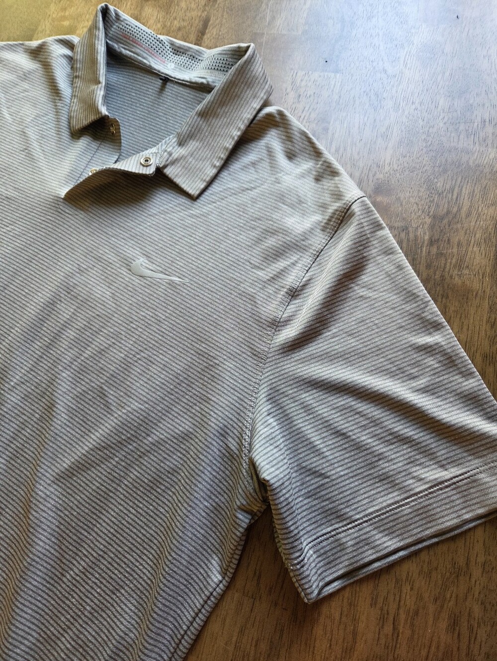 Nike Tiger Woods Dri Fit Snap Button Light Gray Micro-Stripe Polo